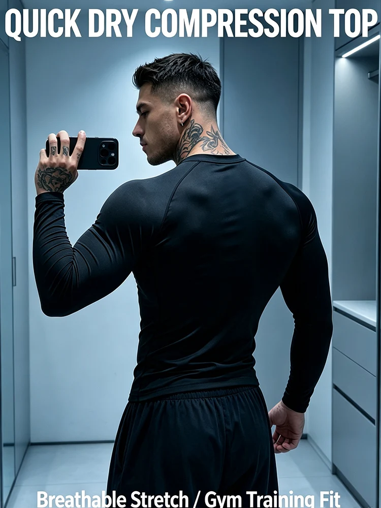 Men Quick Dry Compression Long Sleeve Shirt  Stretch Muscle Fit Athletic Gym Workout Running Training Sports Fitness Top-J40