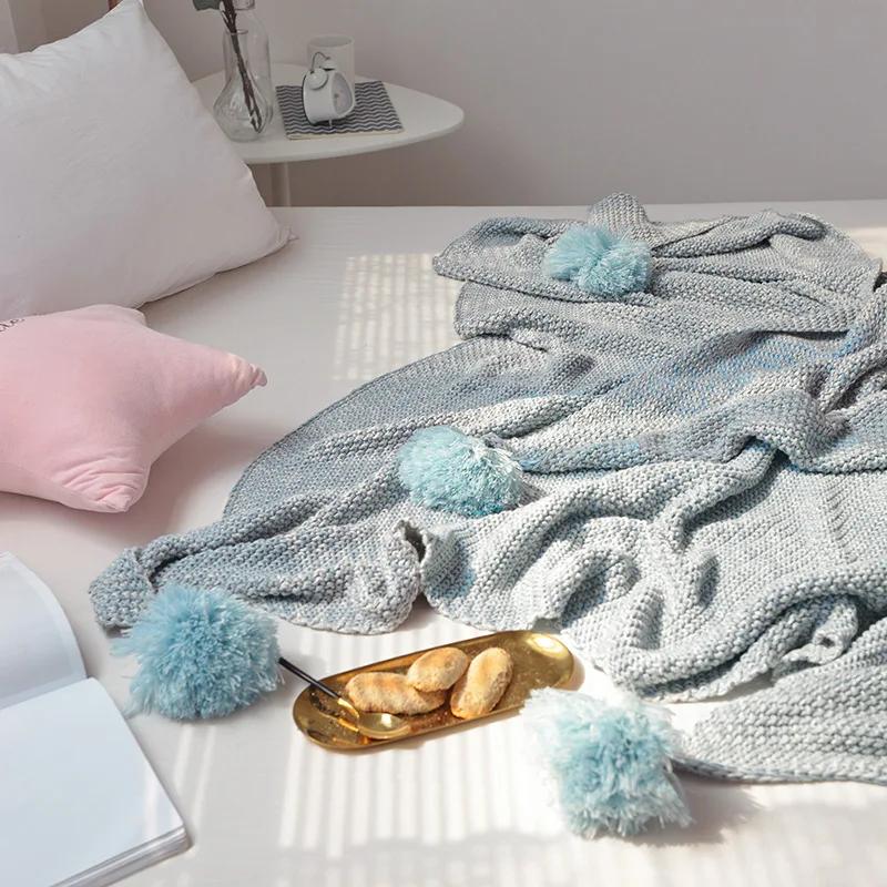 Summer Knitted Cotton Blanket With Balls Sofa Throw Air Conditioning Bed Cover Solid Color Tassel Travel Nap Blanket Decoration