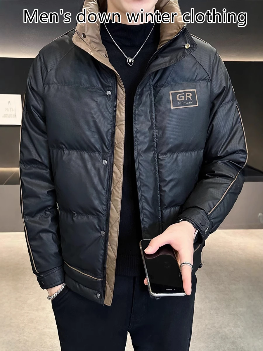 

Мужской пуховик с цветными блоками, новинка 2025, утепленное зимнее пальто с воротником-стойкой, серая теплая уличная куртка-пуховик премиум-класса на утином пуху