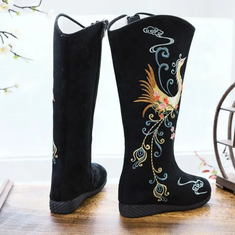 Women Autumn Winter Embroidered Long Boots Side Zipper Round Toe Ethnic Style Fabric Booties Ladies Vintage Dance Shoe