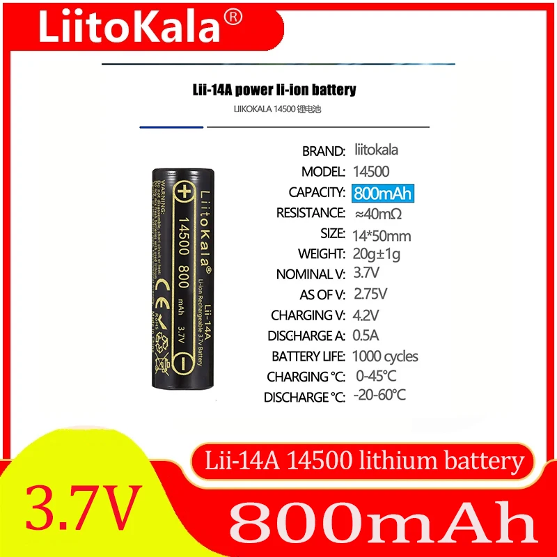 LiitoKala 14500 Li-ion Battery 3.7V 800mAh Rechargeable Battery Lithium Batteries 1000 Times for LED Flashlight Toys Calculator