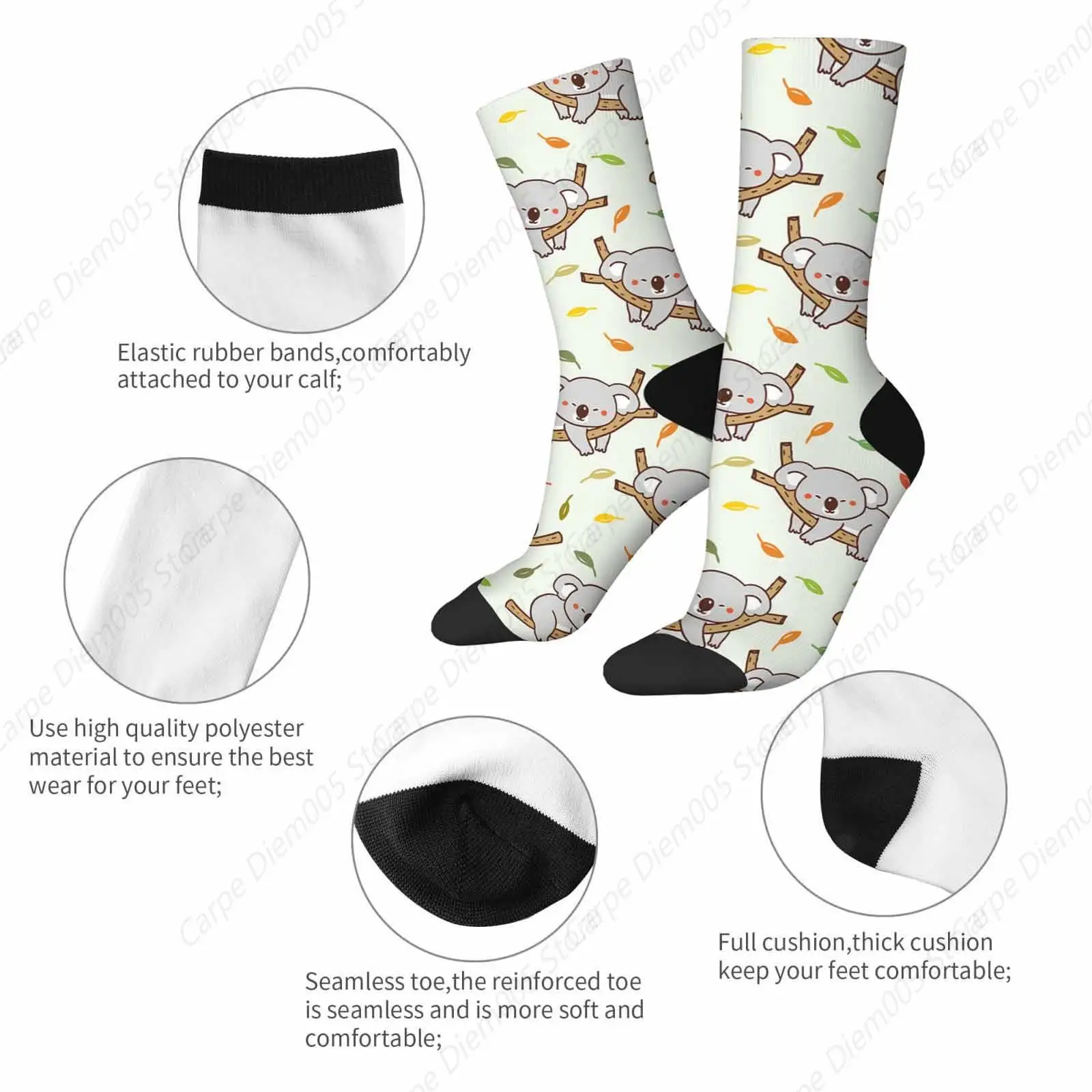 Animal Koala Funny Novelty Crazy Crew Socks Branch Leaf Wildlife Cute Nature Mens Socks for Women Gifts Dress Socks