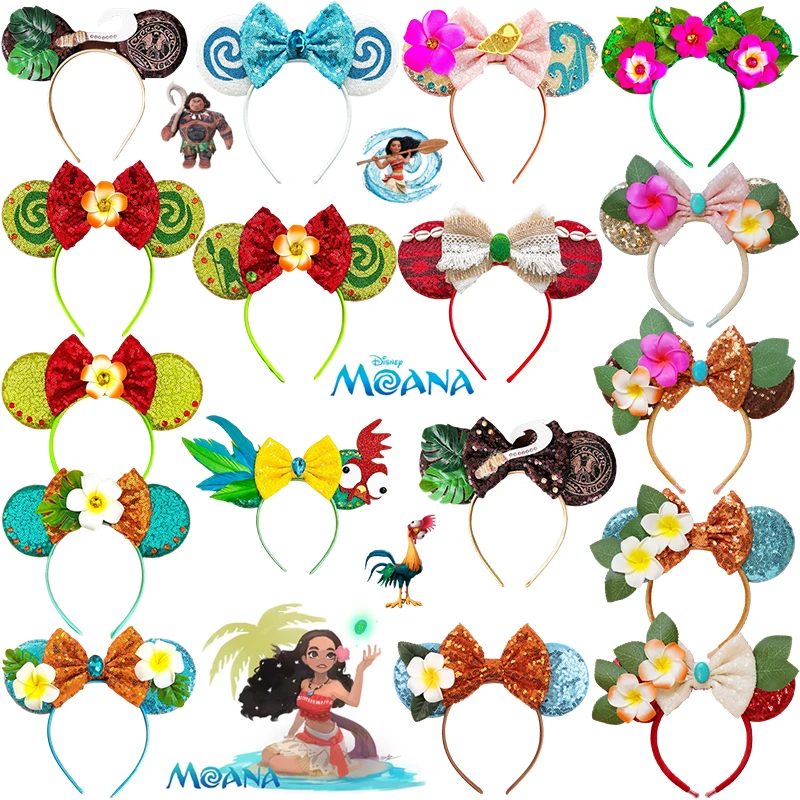 Disney Moana Ears Headbands For Kids Hook Bow Maui Hair Accessories Women Frangipani Flowers Hairband Girl Spiral Conch Headwear