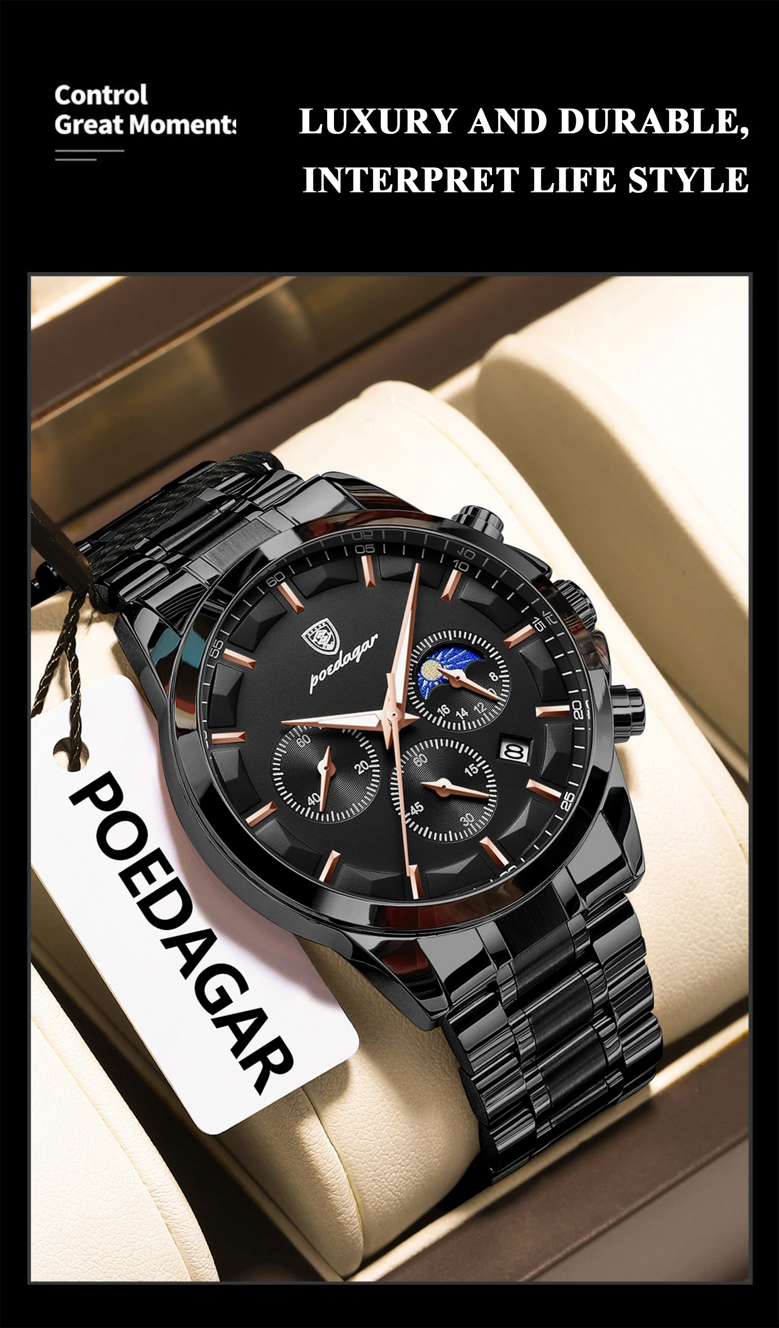 POEDAGAR Top Mode herren Uhren Wasserdicht Leuchtende Edelstahl Männer Armbanduhr Chronograph Datum Quarz Business Mann Uhr – Detail 4