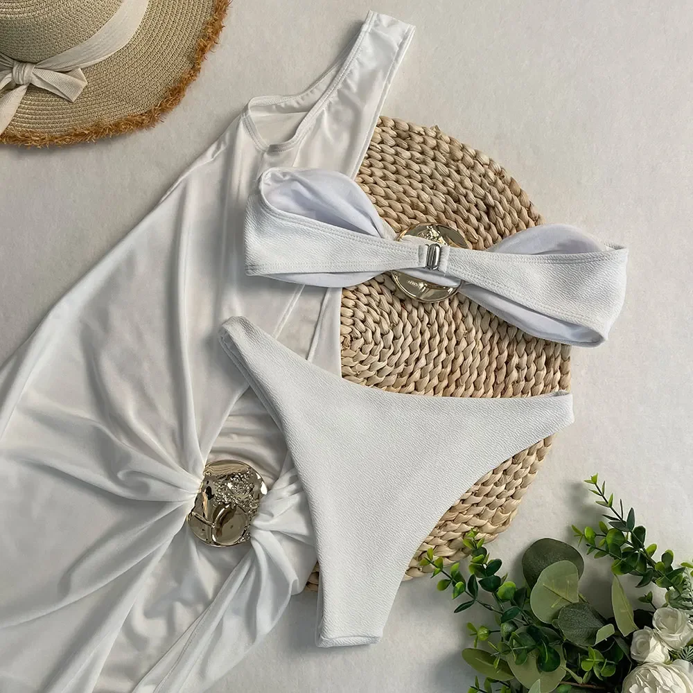 水着女性の夏 3 個ビキニセットセクシーなビーチ水着セットバンドゥビキニ固体ビーチウェアカバーアップロングマキシドレス