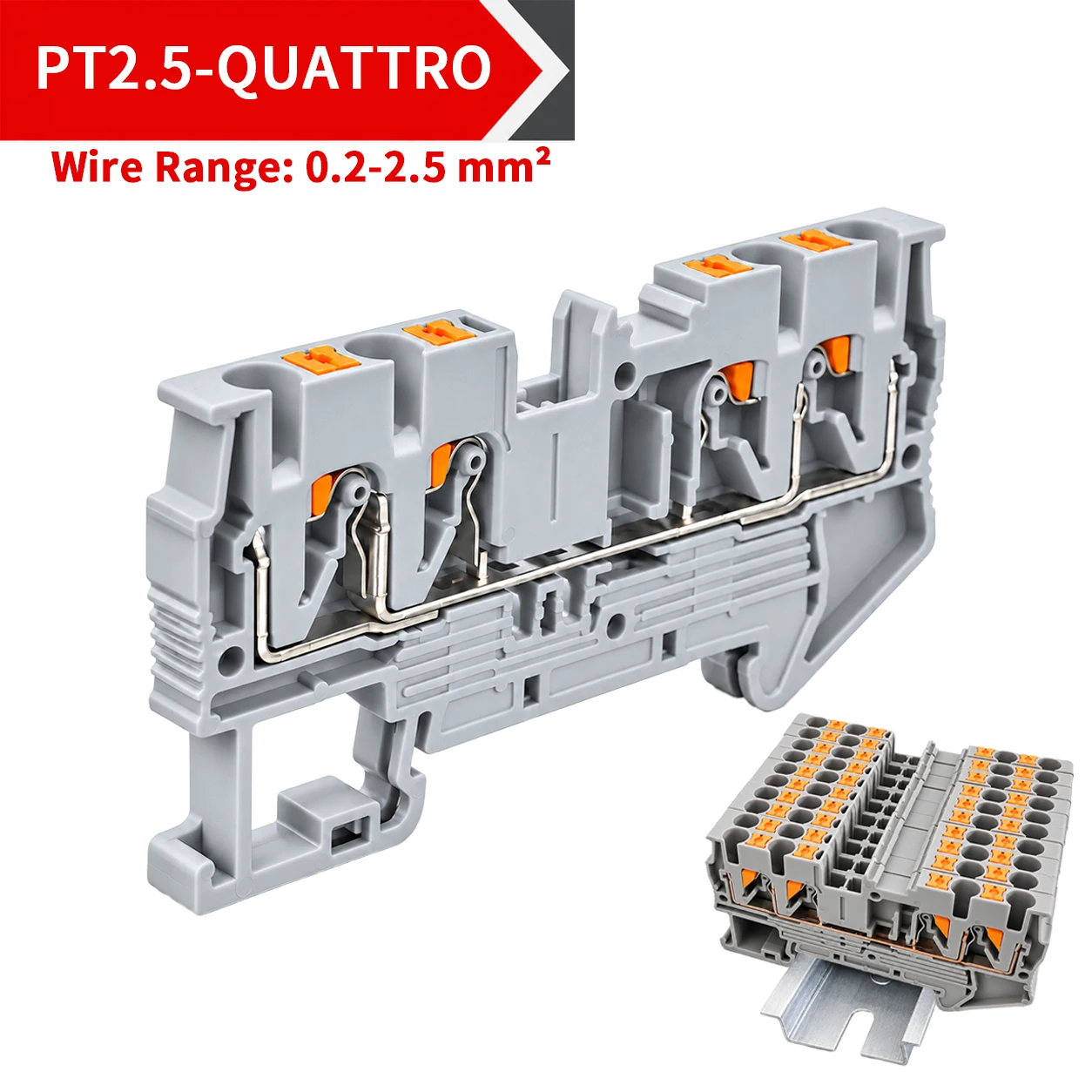 10/50PcsDIN Rail Terminal Block PT2.5 QUATTRO 4-Conductor Push-In Spring 24A 800V 0.2-2.5mm2 Screwless Electrical Wire Connector