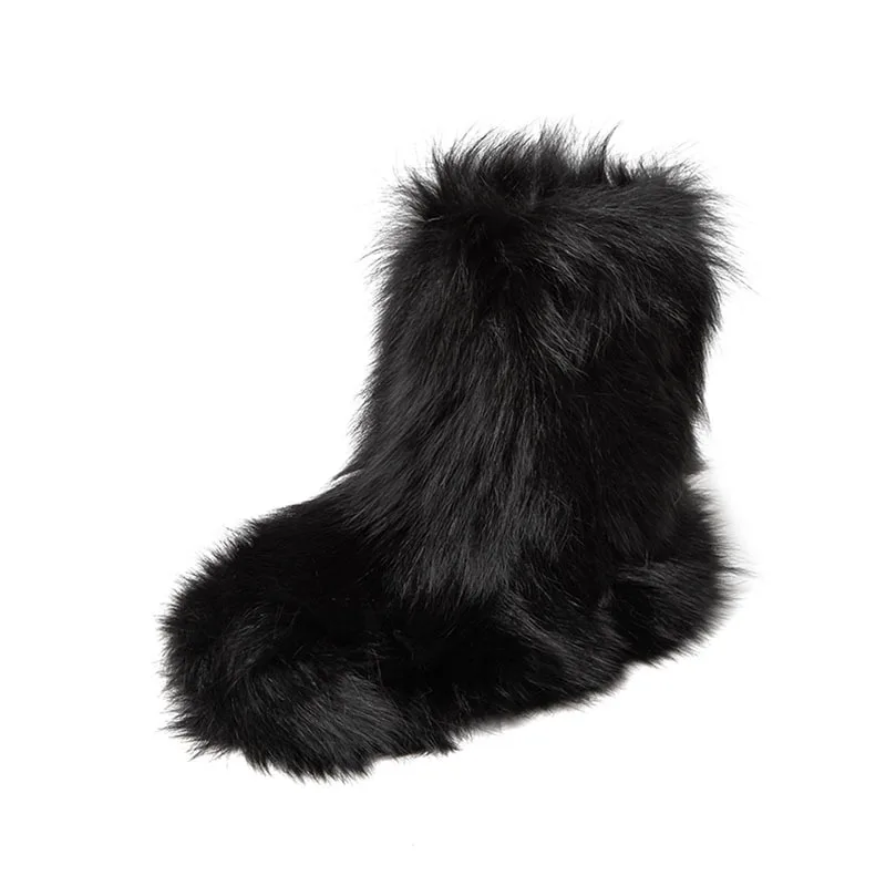 Black Brown Fox Fur Girls Fashion Color Block Fluffy Snow Boots Walking Comfort Non Slip On Round Toe Fuzzy Boot