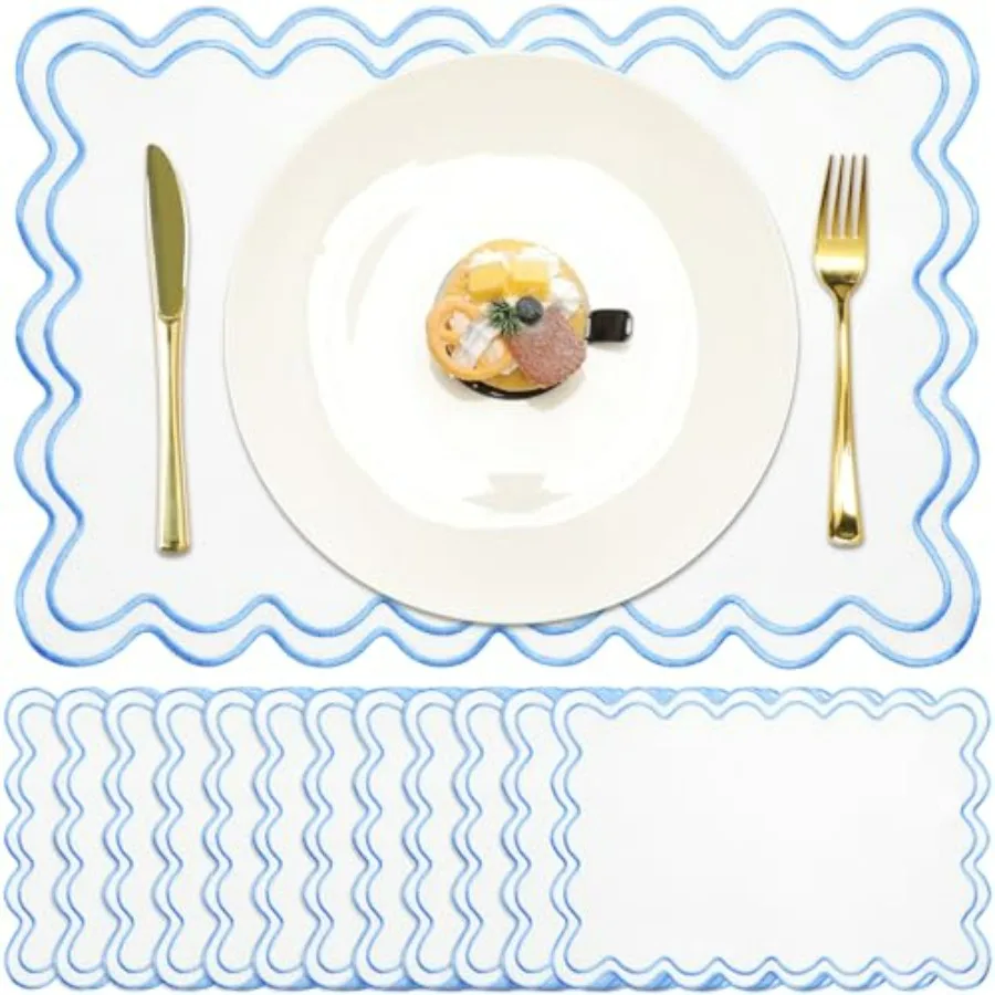 

Linen Placemats Set of 12 Scalloped Placemat 13 X19 Wavy Embroidery Double Layered Washable Farmhouse Dinner Fabric Table Mat N