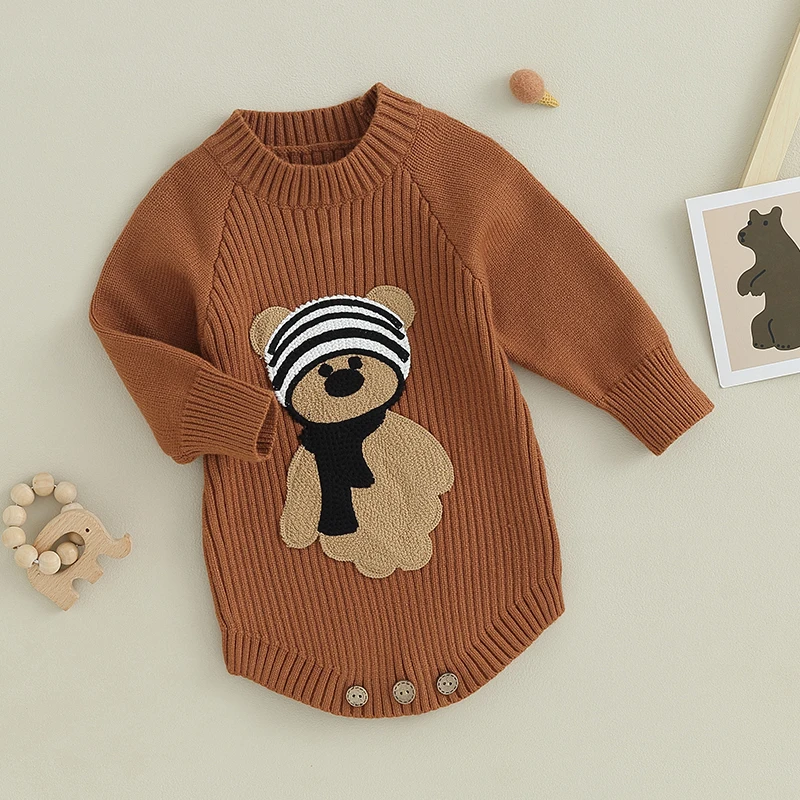 Baju monyet rajut bayi, atasan lengan panjang leher bulat bordir beruang Bodysuit rajut/Sweater musim gugur