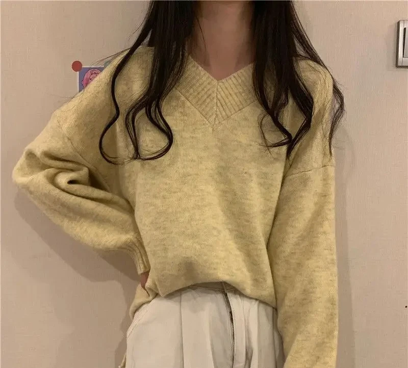 

Свободный женский вязаный свитер, пуловер с длинным рукавом и v-образным вырезом, весна-осень-зима, Новое поступление, повседневный элегантный стиль