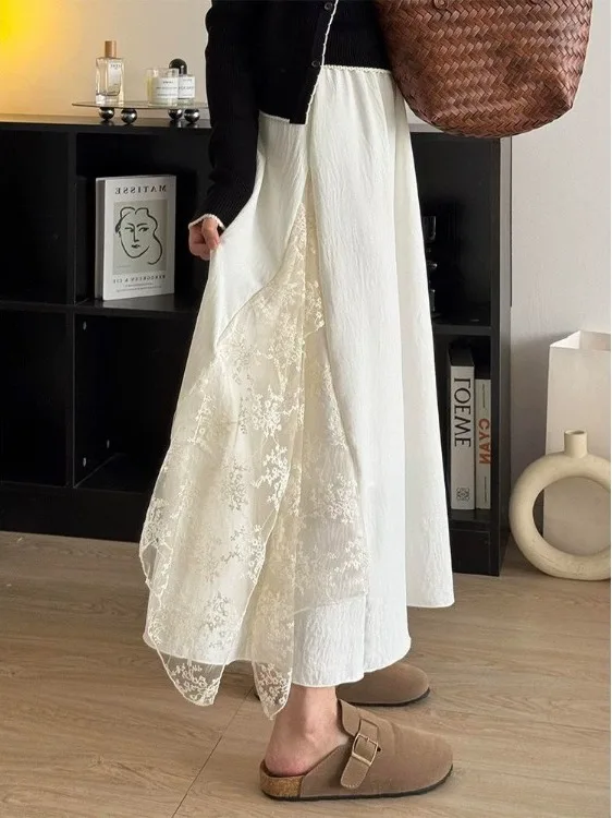 Early Spring New Style A-Line  Skirt in Beige with Asymmetrical Hem Design Versatile Women's Long Skirt High Waist Leathe...