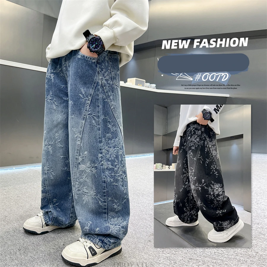 Fashion Children Jacquard Pattern Denim Pants Straight Fit Bottoms Distressed Wide Jeans For Boys Street Style Floral Trousers