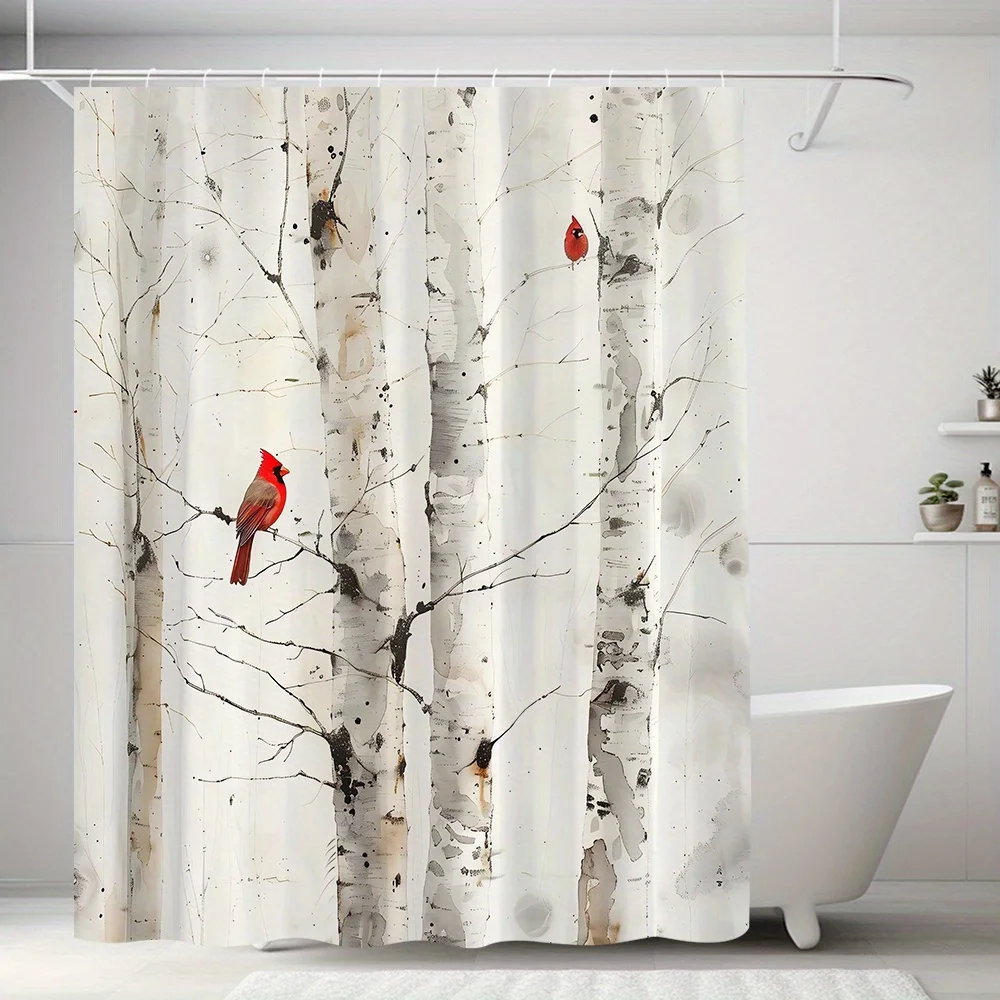 

Birch Tree Shower Curtain Red Cardinal Bird Nature Print Bathroom Decor Waterproof Curtains Minimalist Home Style