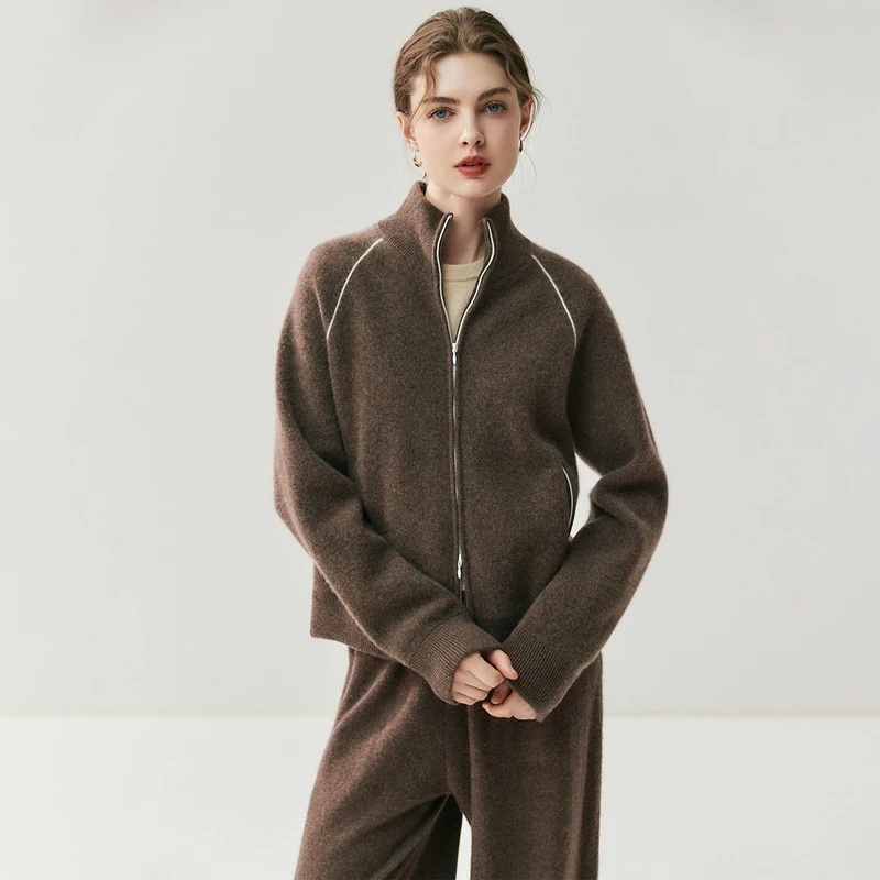 Thick Color Block Double Zipper Cardigan Women's 100% Cashmere Casual Sporty Sweater Autumn Winter Warm Comfortable Knit Coat