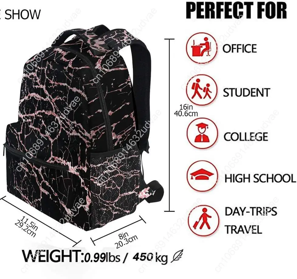 Rose Black Marble School Backpack Stone Student Laptop Bookbag For Teen Boys Girls Laptop Women Casual Travel Daypack