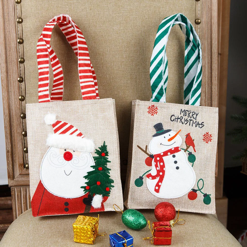 15PCS Christmas Linen Tote Bag Christmas Hand  Bag Sackcloth Cartoon Old Man Snowman Christmas Bag For Carrying Children's Gifts