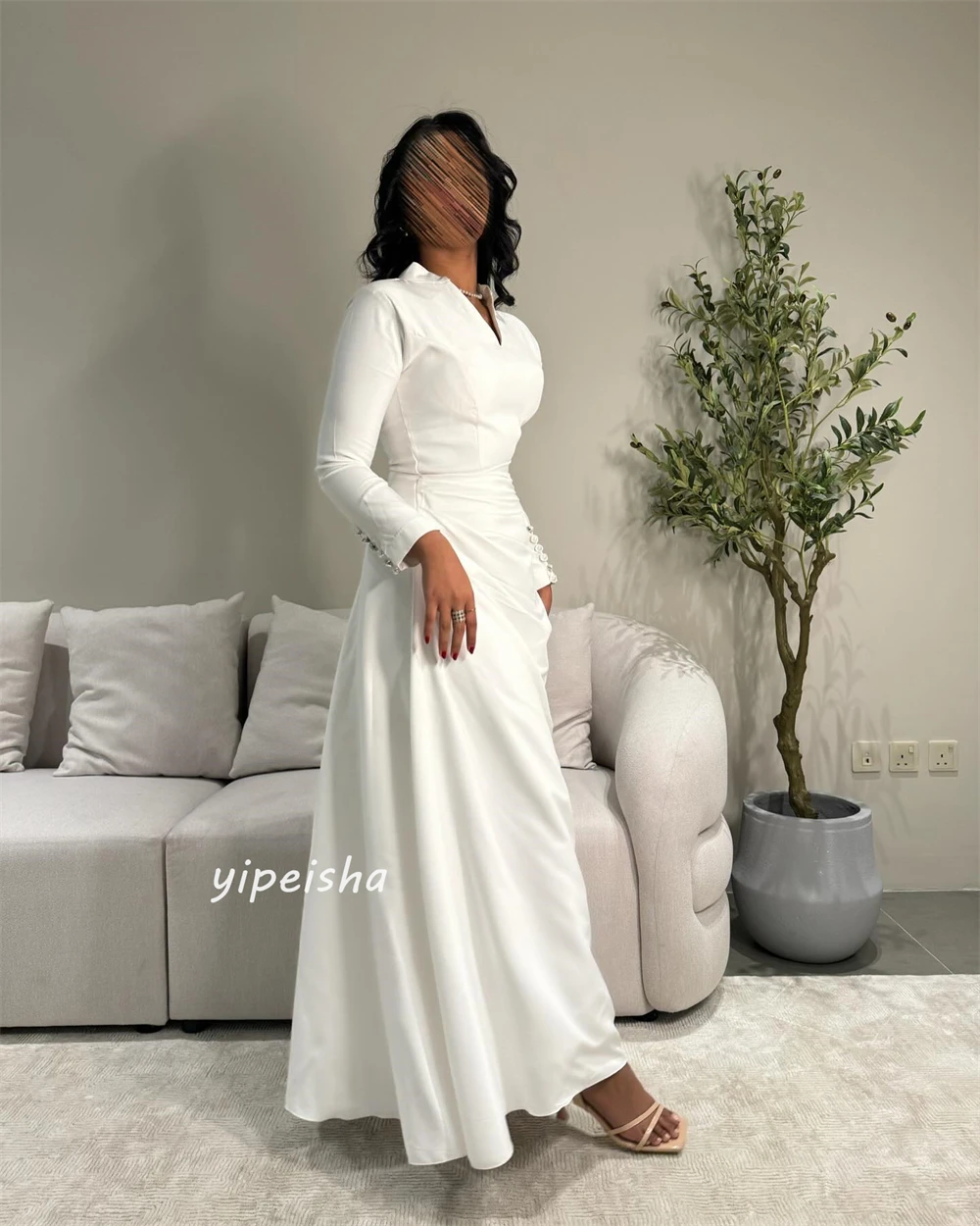 Prom Dress Evening Jersey Button Draped A-line V-neck Bespoke Occasion Gown Long Sleeve es Saudi Arabia