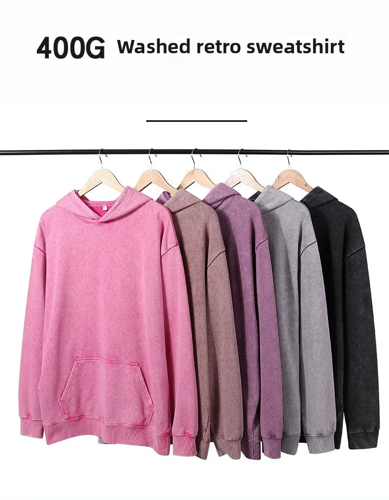 Customized Your Brand Logo DIY Printed 400GSM Washed Vintage Mens Sweatshirt High-quality Solid Color Cotton Loose Women Hoodies