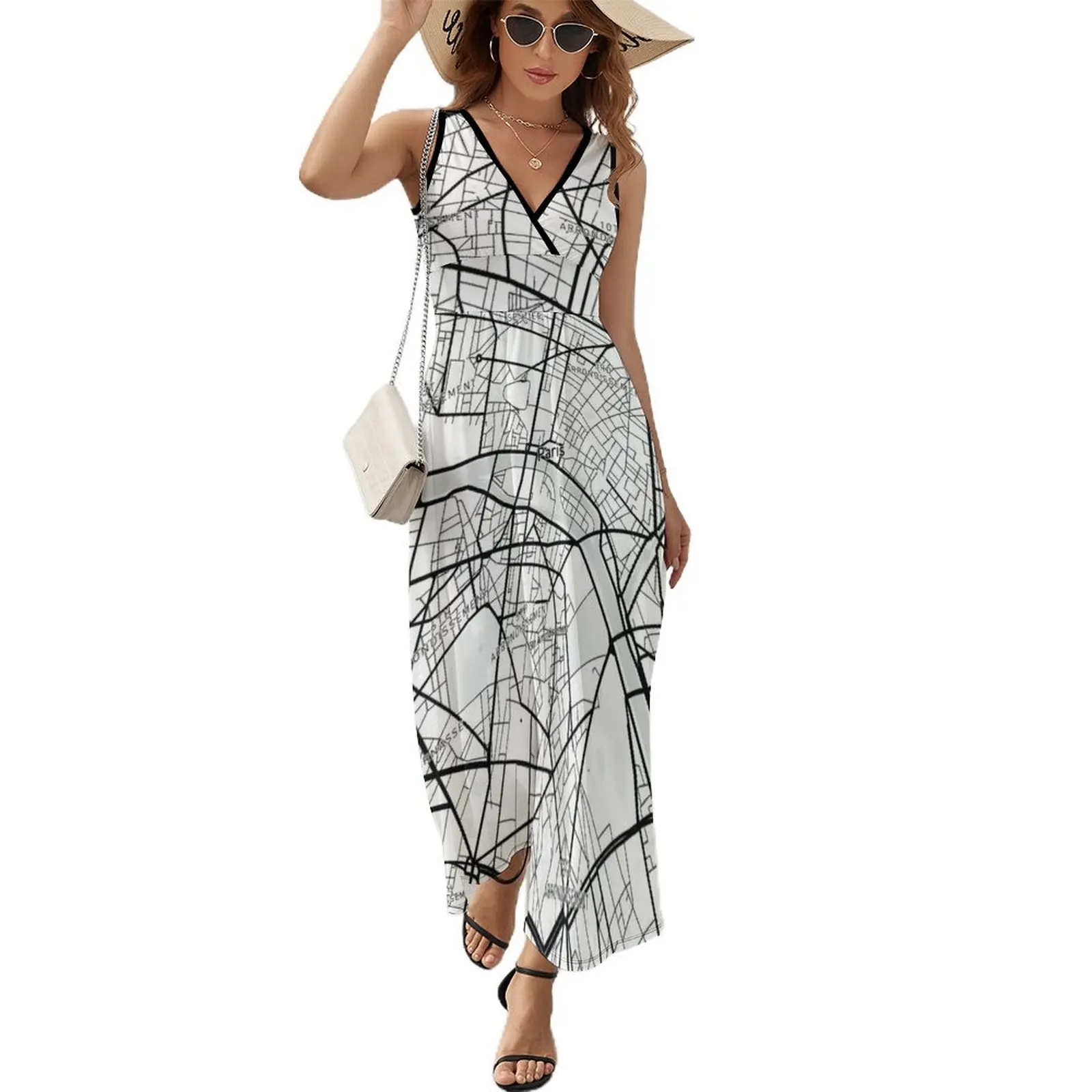 

Paris, France Map (Theme 1) Sleeveless Dress Long dress Women's summer suit summer dress daily