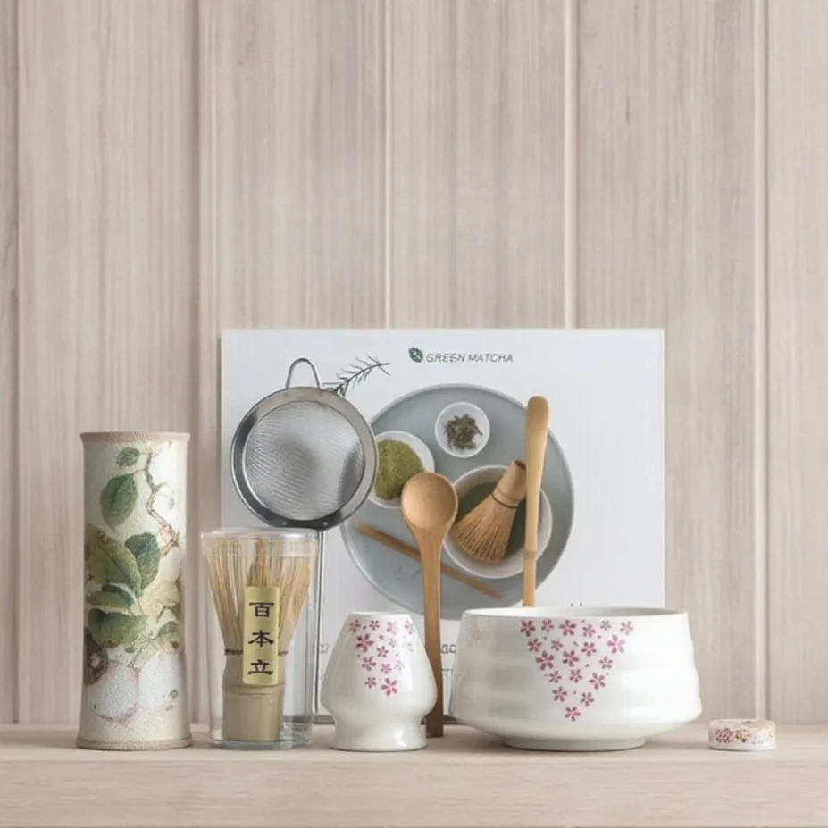 

8pc Matcha Set Cherry Blossom Matcha Kit with Handcrafted Ceramic Bowl Bamboo Whisk Chasen Holder Cherry Blossom Matcha Gift Box