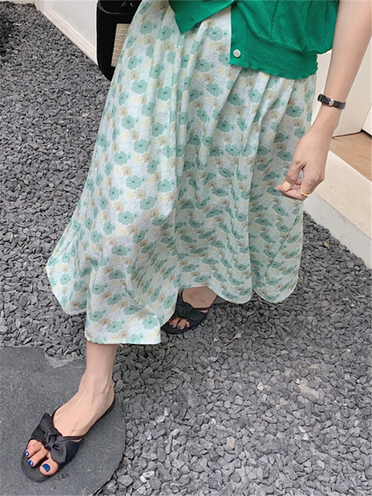 Seoulish Summer Floral Printed Women's Mi-long Skirts 2022 New High Waist Vintage Umbrella Fashion A-Line Skirts Pocket Female