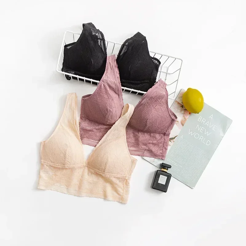 New2024 Women's Summer French Lace Vest Style Sexy and Breathable Natural Mulberry Silk Bra Without Steel Ring Back Bra