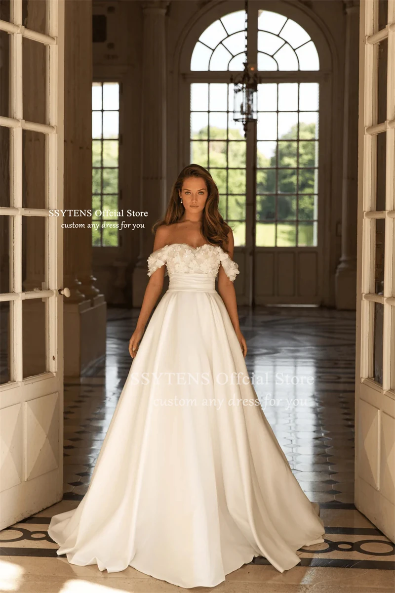 SSYTENS Vintage schulterfreie Brautkleider, schulterfrei, Applikationen, Brautkleider, Satin, rückenfrei, Brautkleid für Damen, individuell