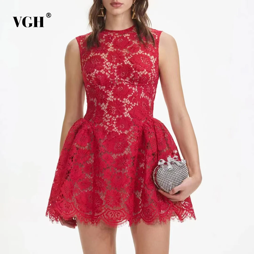 

VGH Wedding Guest Hollow Out Mini Dresses for Women O Neck Sleeveless High Waist Spliced Sheer Embroidery Tutu Dress Female New
