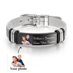 Pulsera personalizada de acero inoxidable para hombre, brazalete con imagen grabable, texto personalizado, foto, palabras, se puede personalizar, fotos de familiares y amigos