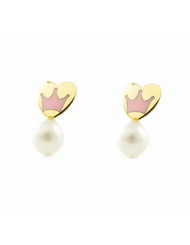 Earrings girl gold 9k you and me heart Pearl round 4 mm