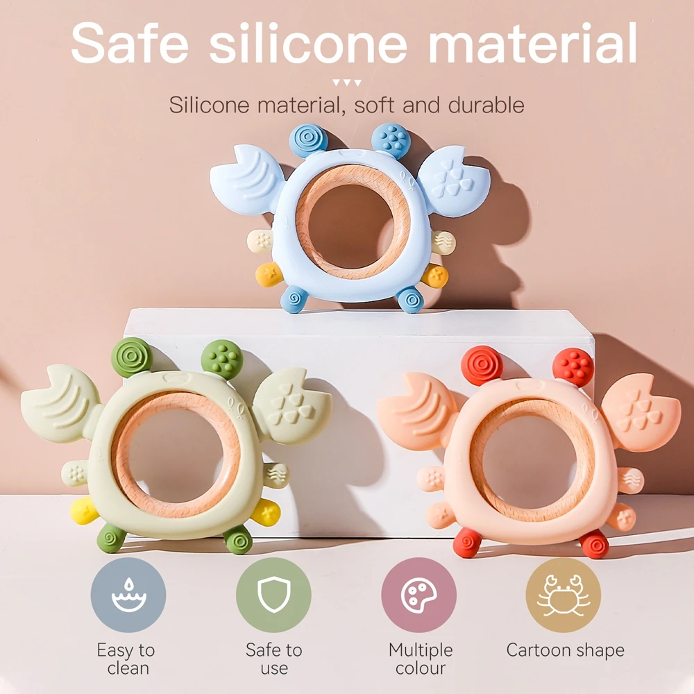 Massaggiagengive in silicone per bambini Giocattoli per bambini da 0 a 6 mesi BPA gratuito da masticare Giocattoli per dentizione Granchio Anello in legno Massaggiagengive Reborn in silicone Giocattoli per bambini