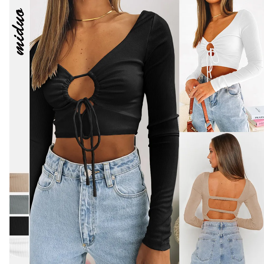 Solid color new autumn sexy drawstring lace-up long sleeve short crop bare back brand V-neck T-shirt woman