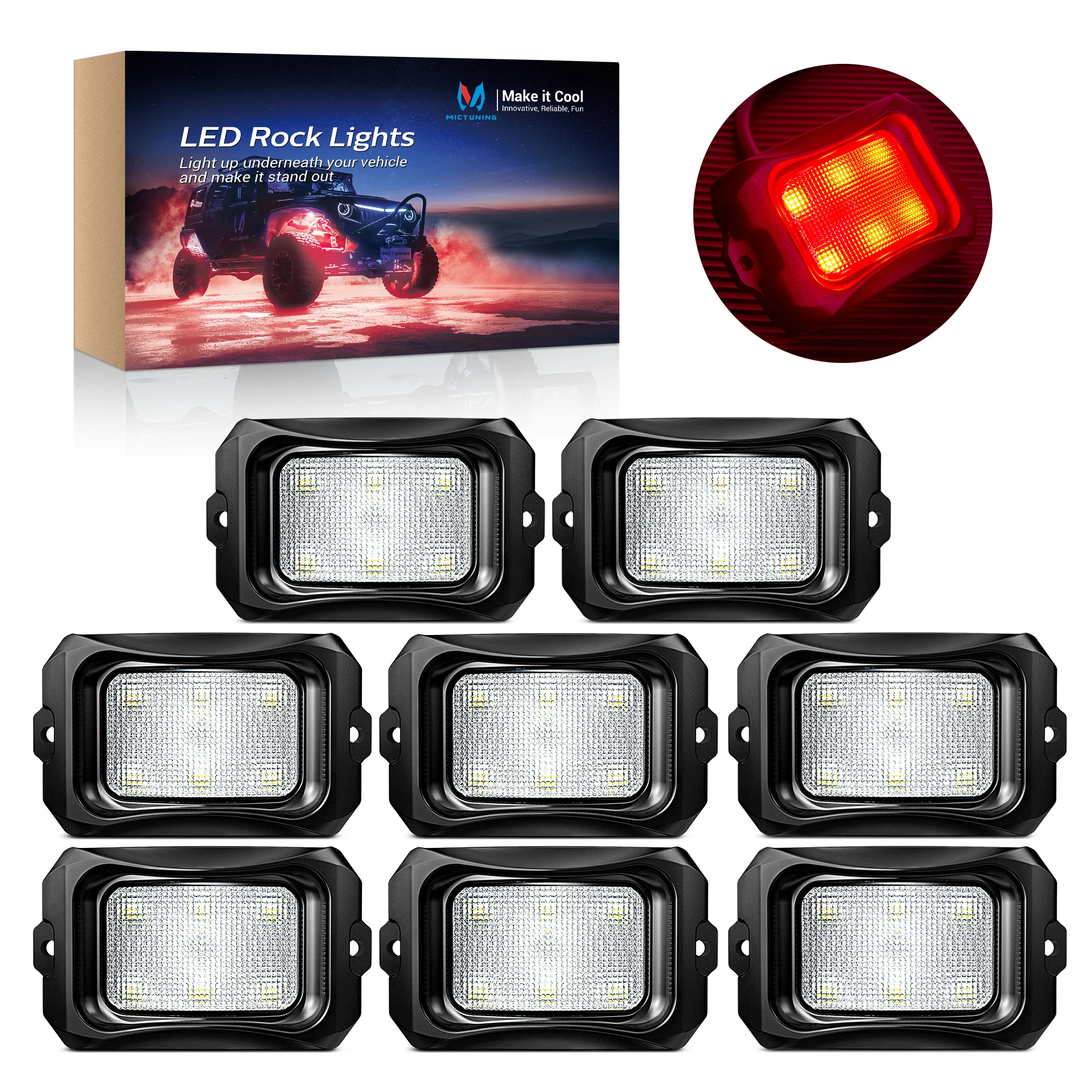 MICTUNING 8 pods LED Rock Lights Red Underglow Lights Compatible for Car Truck Offroad ATV UTV Boat