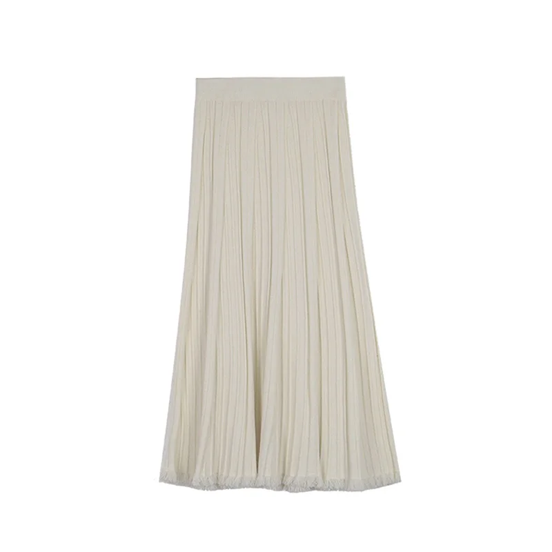 Slergiri Gonna lunga lavorata a maglia con orlo in nappa Moda donna Nuovo 2025 Autunno Inverno Tinta unita a vita alta Gonne a pieghe da donna dolci