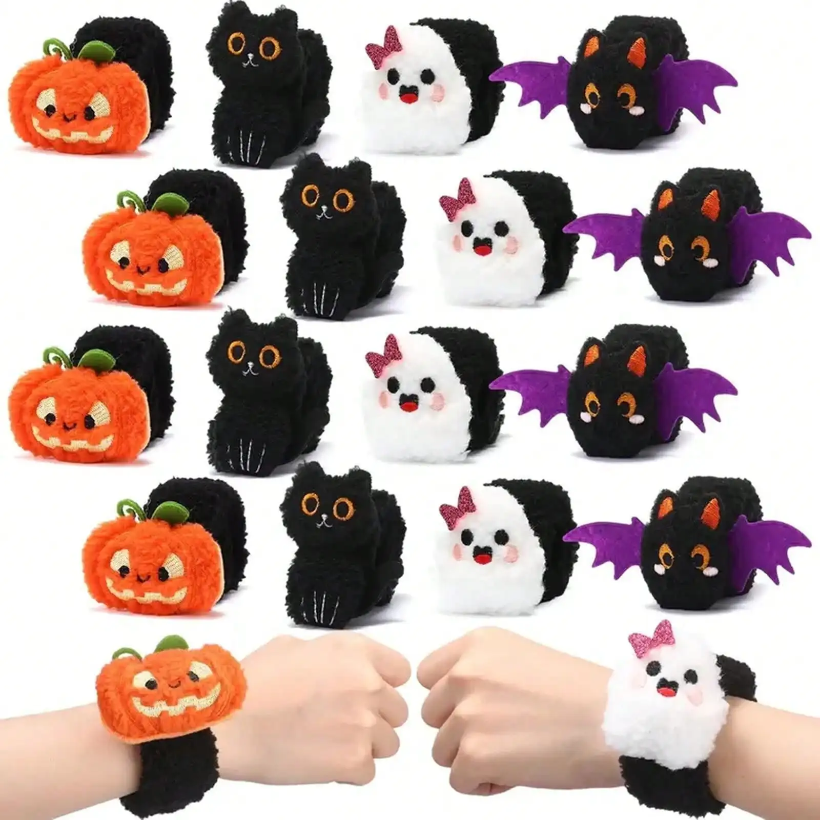 12Pcs Halloween Stuffed Slap Bracelets Ghost Plush Trick Or Treat Gift Bag Fillers Halloween Party Favors Classroom Prizes