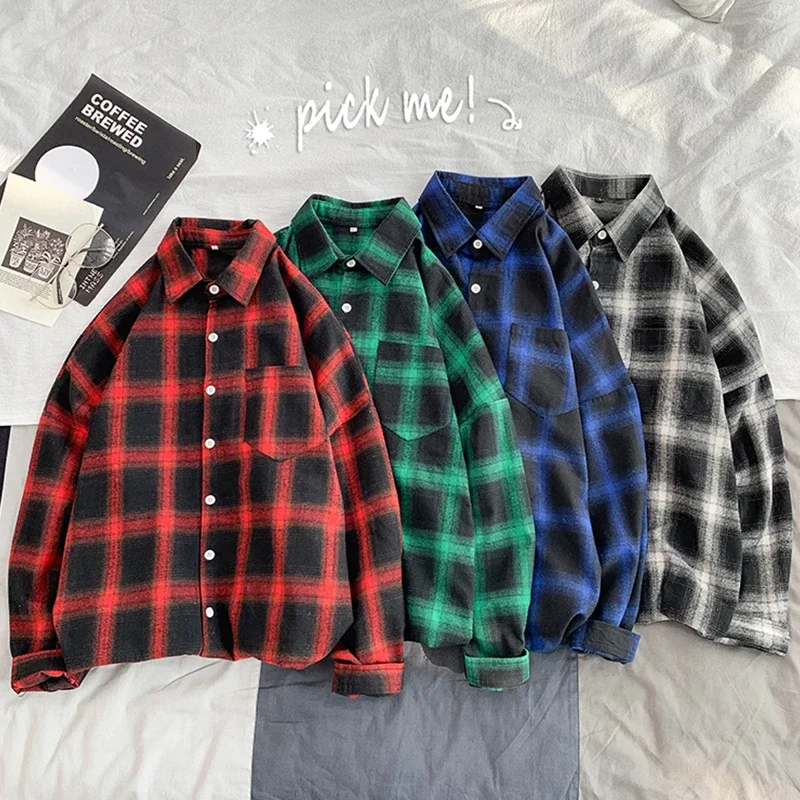 Ins Fashion Plaid Shirts for Men 2024 Autumn Winter High Quality Casual Flannel Men Retro Long Sleeves Shirt Streetwear Blouses