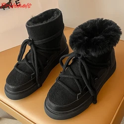 Thick Sole Flannel Women Boots Cross Tied Round Toe Mid Calf Flats Boots Winter Women All-match Fashion Short Snow Cotton Boots