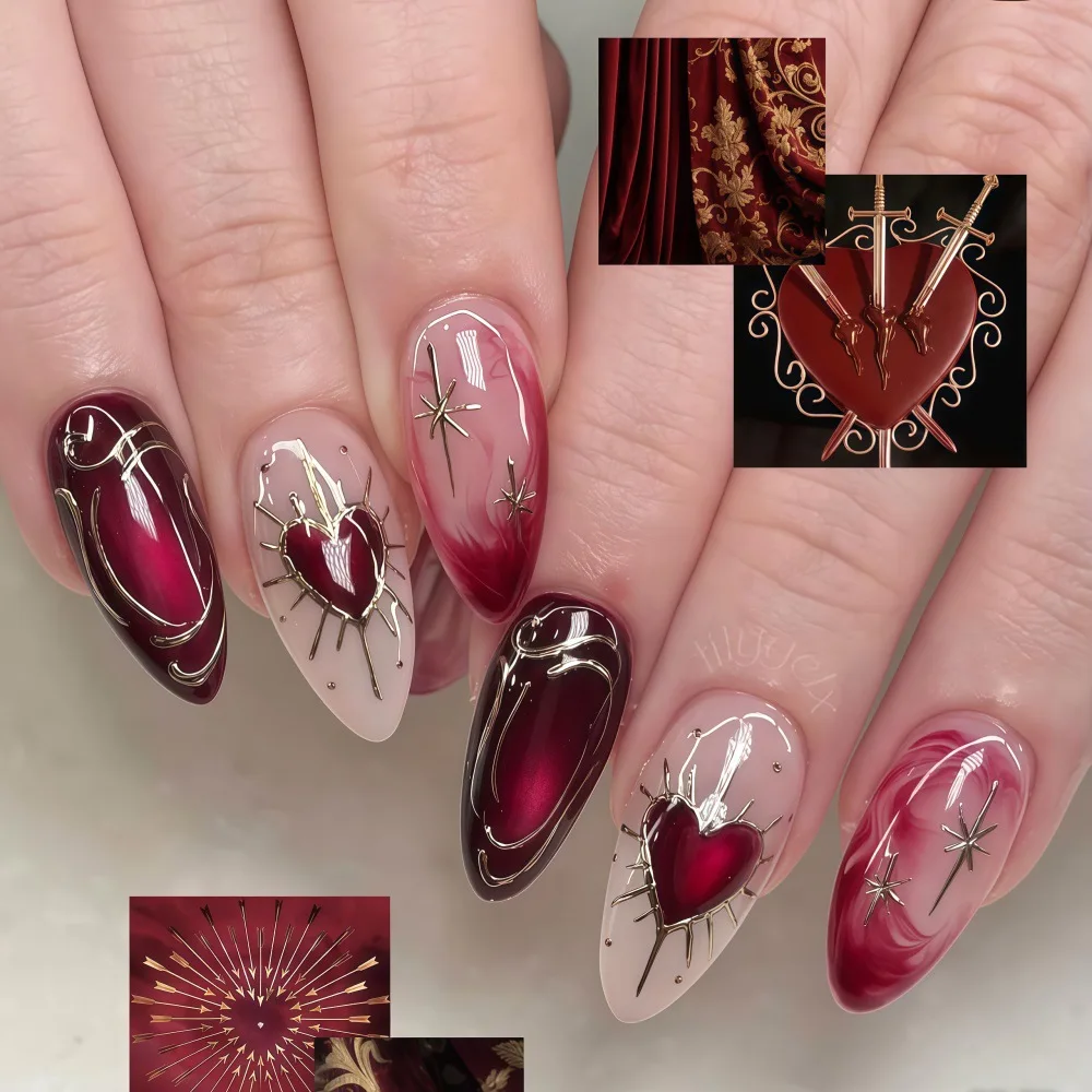 Unhas falsas 3d para o dia dos namorados, vermelho, preto, coração, dourado, prateado, dourado, moldura dourada, estrela, cobertura completa, pontas de amêndoa, imprensa em unhas falsas