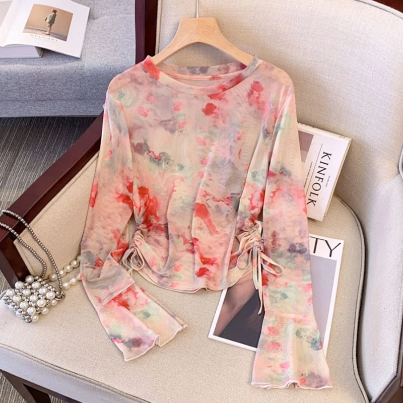 

Tie Dye Drawstring Pleated Net Yarn Thin Y2K Tops Summer New Trend Long Sleeve Casual T Shirts Fashion Korean Women Clothing