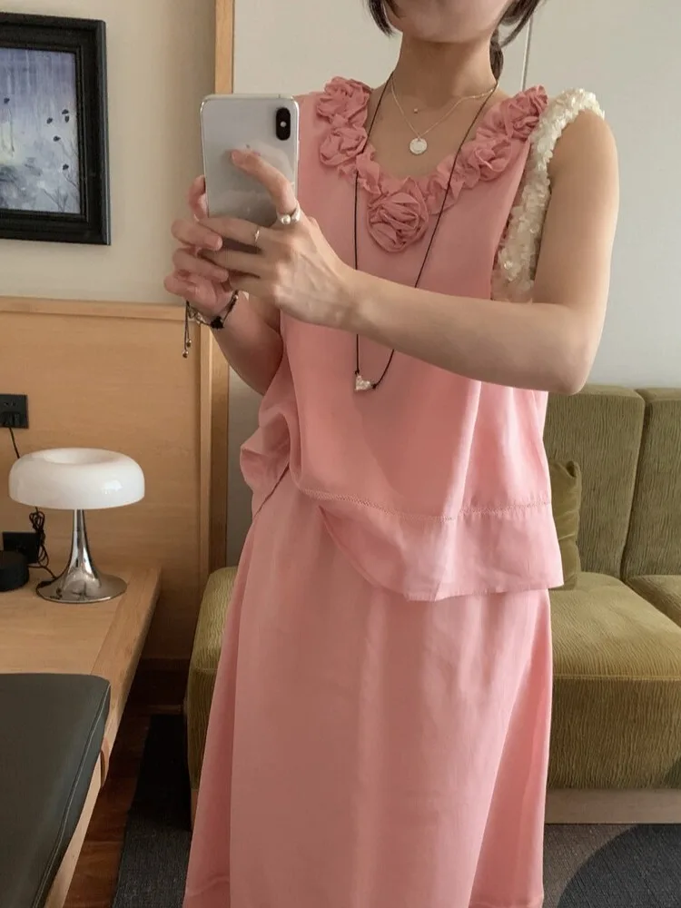 

Модный комплект из двух предметов, женский жилет-конверт, топ + юбка трапециевидной формы с высокой талией, летняя одежда с 3D цветочным принтом