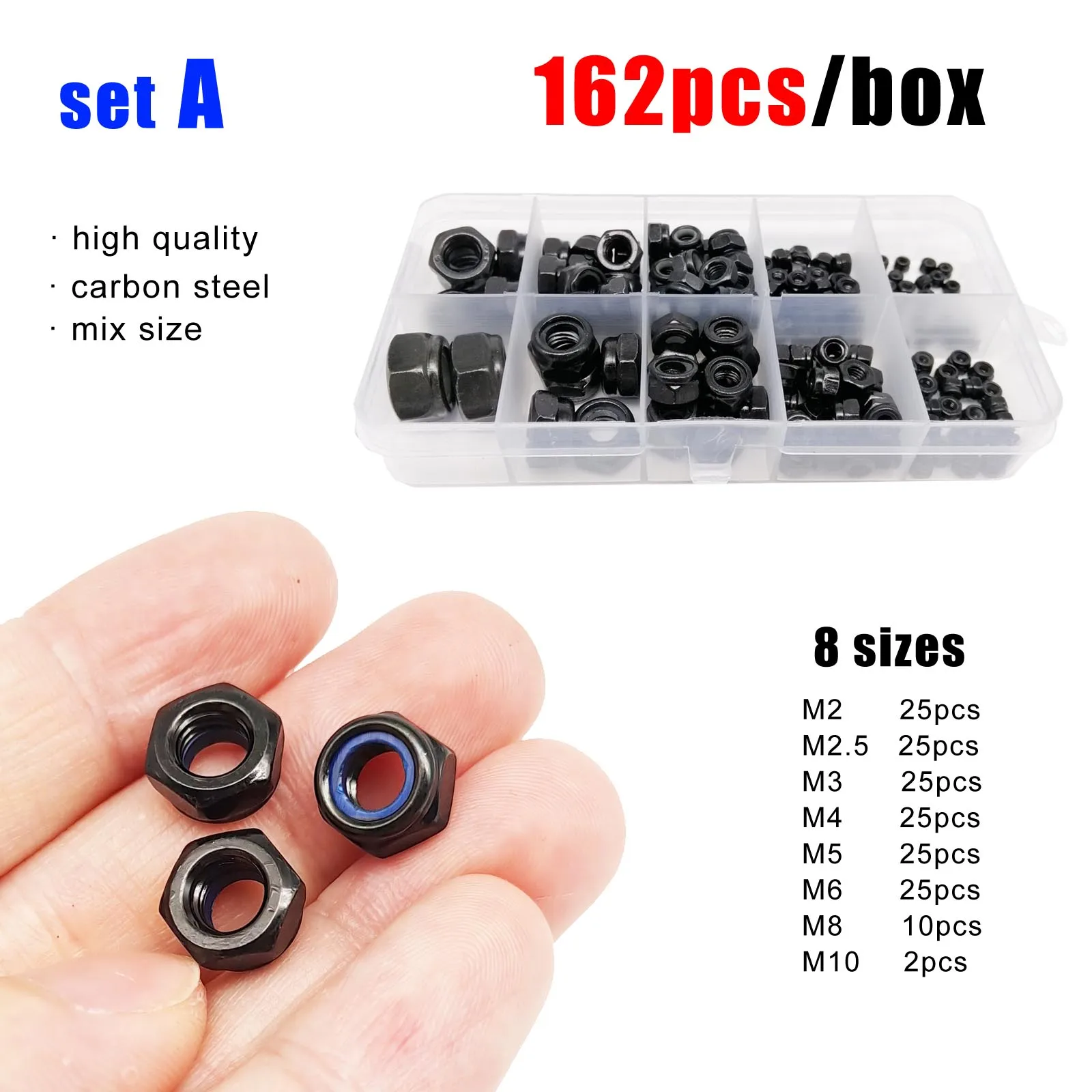 357/200/162pcs Mix M2 to M12 Set Kit DIN985 Black Carbon Steel Hexagon Nylon Insert Lock Nut Hex Self Locking Nylock Locknut