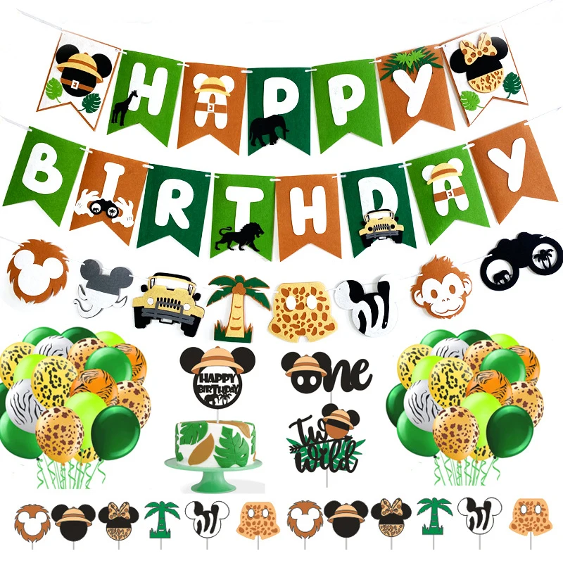 Disney Mickey Mouse Safari Birthday party balloon Mickey Jungle Birthday banner the flag Animal pull the flower kid favor decor