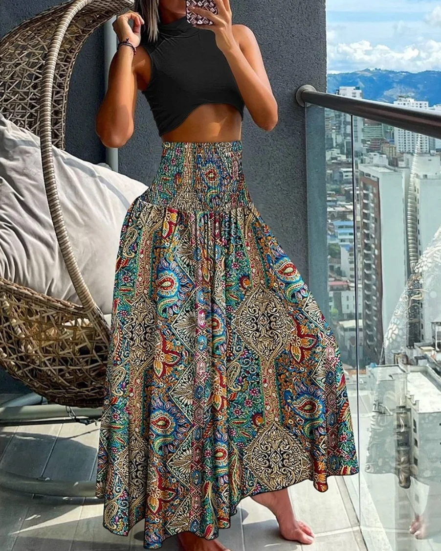 Summer Print Vintage Skirt Women Fashion Hight Waist Floral Dress Boho Holiday Party Skirt Robe Feame