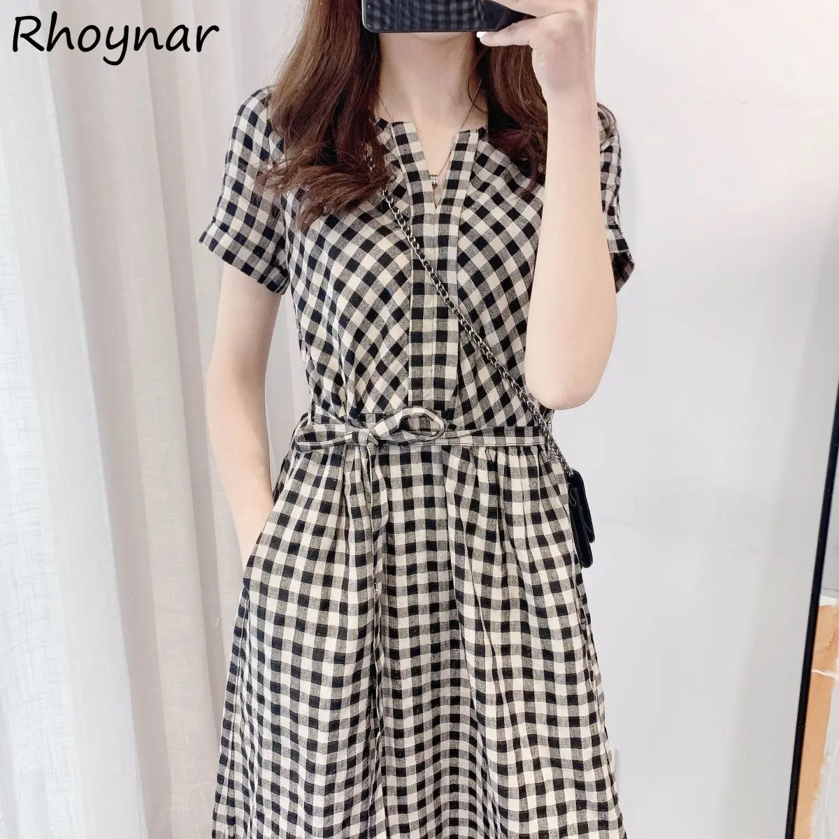 Short Sleeve Dress Women Midi A-line Plaid Schoolgirls with Sashes All-match Leisure Sweet Lovely Ins Vestido Mujer V-neck New