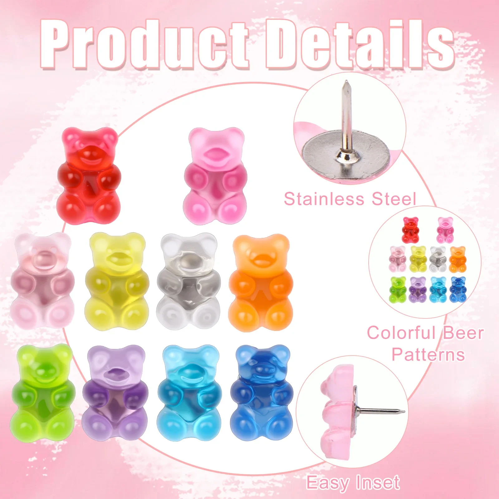 50 Pcs Colorful Bear Push Pins Translucent Resin Gummy Bear Push Pins Cute Thumb Tacks Decorative Pushpins With A Box For Office