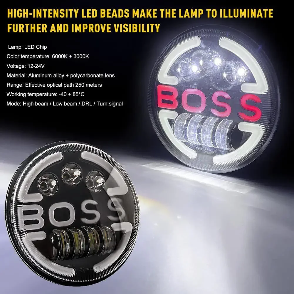 

2PCS 7-inch Boss LED Headlights Daytime Running Lights High-low Beams Turning Headlamp Compatible For Motorcycle Jeep Wrangler