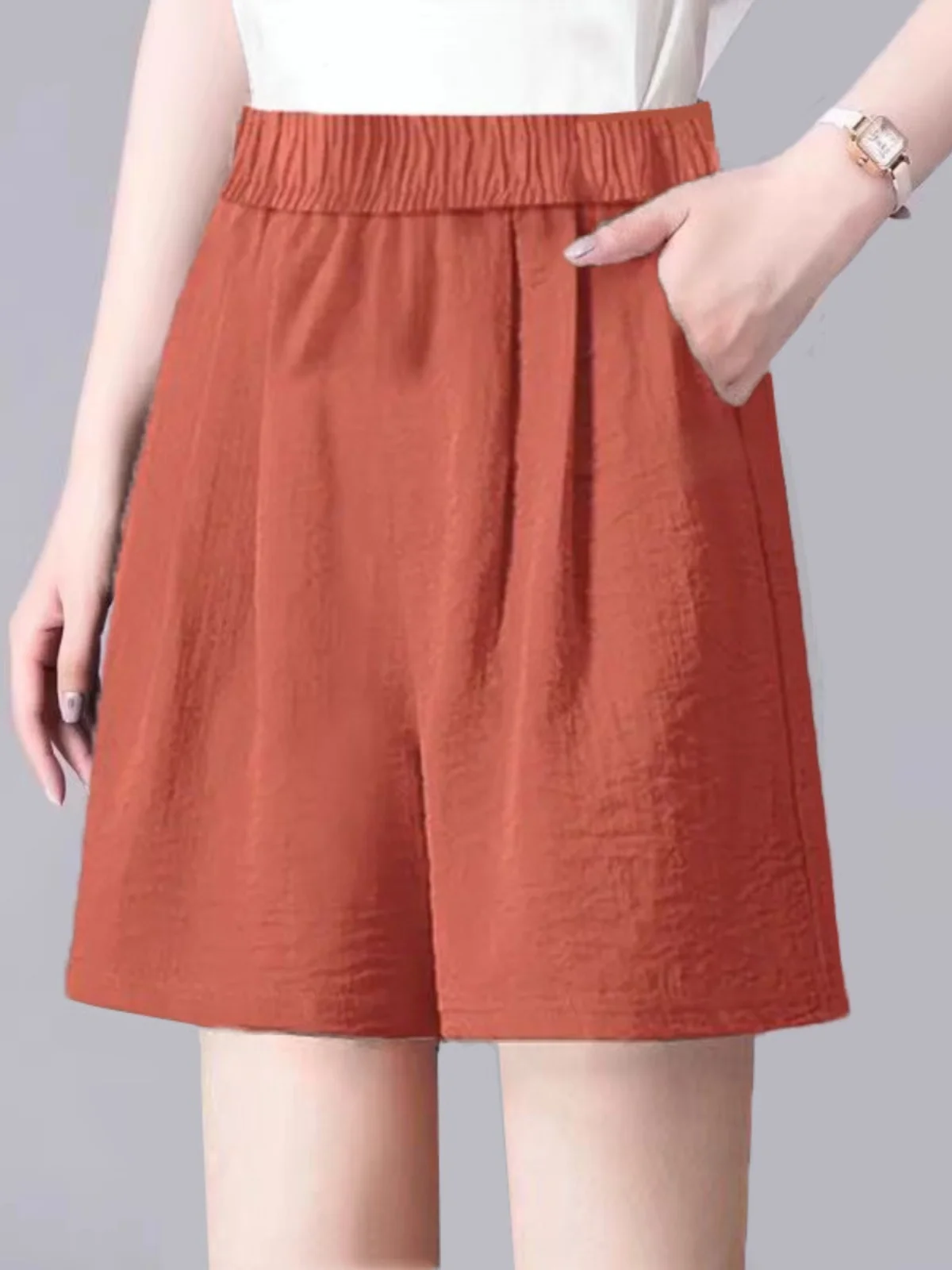 夏用アイスシルクプリーツリネン五分丈パンツ レディース ゆったりストレートレッグ カジュアルワイドレッグパンツ ハイウエスト着痩せ