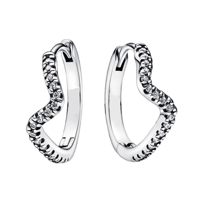 

Sparkling Curved Wave Hoop Earrings For Women 925 Sterling Silver Original Jewelry Prong Setting Round Clear Cubic Zircon Stones