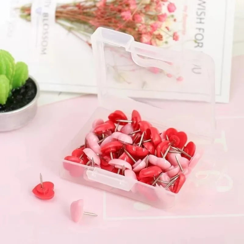 Creative Heart‑Shape Push Pins 50Pcs Ins‑Style Pink Peach‑Heart Flat Head Thumbtacks For Soft Wood Board Photo Wall Map Decor