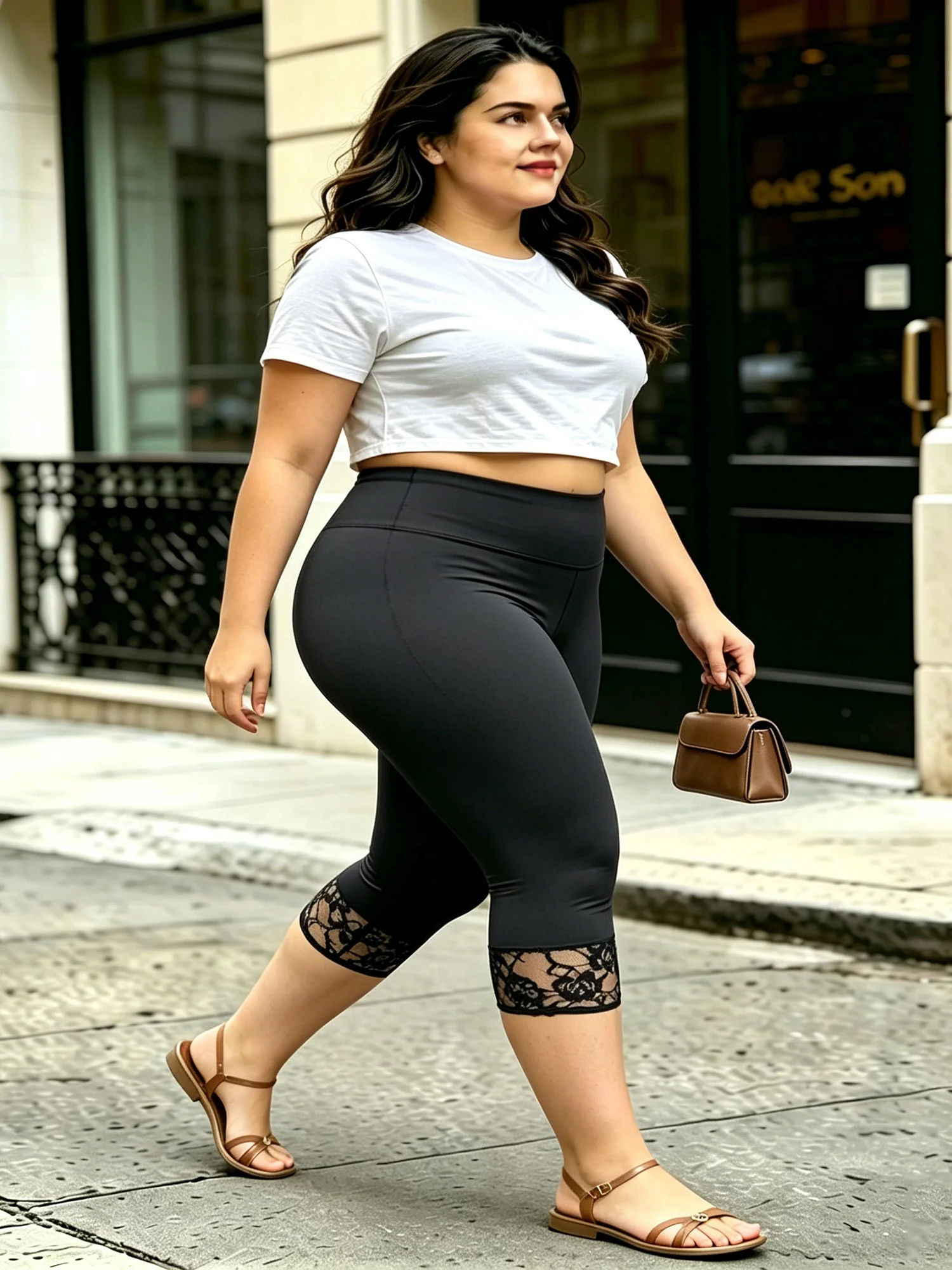 Capri Leggings Cropped Casual Daily Lace Trim Stretch Plus Size Summer Women Tight Pants view 5